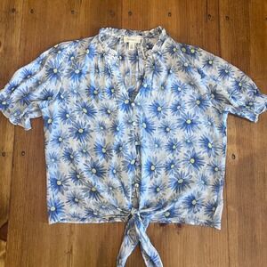 Tamara H. Blue White Daisy Floral Sheer‎ Ruffle Blouse S/P Romantic Prairie A8